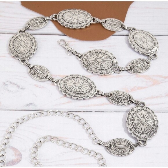 Unbranded Accessories - Cowgirl Western Concho Boho Chain Belt Silver Oval Disc Adjustable Hippie Gypsy